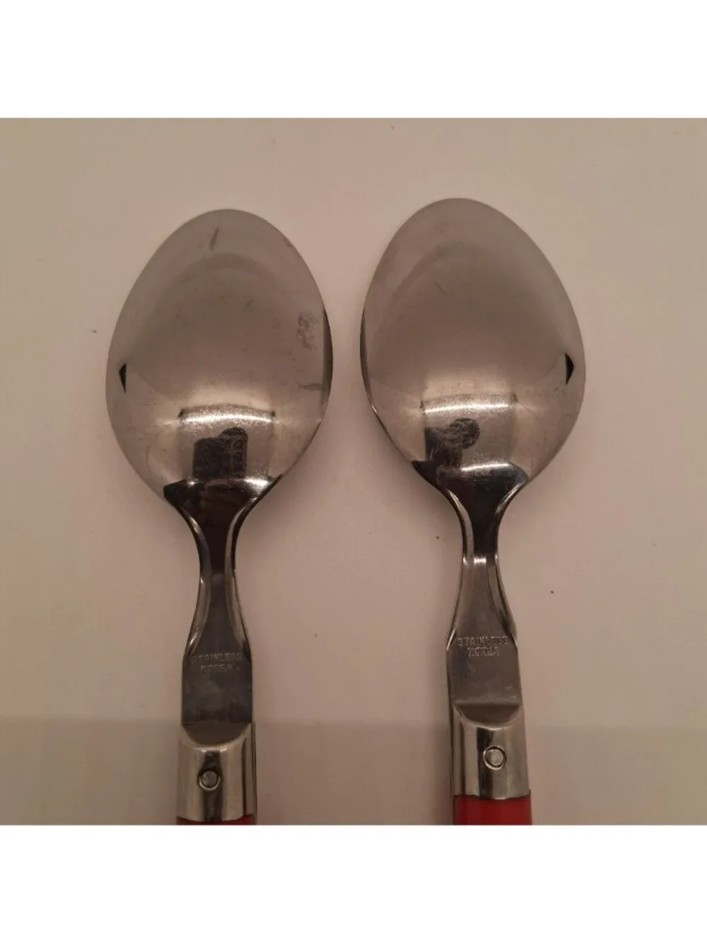 Vintage Stainless Steel 2 Table Spoons With Red Handles Made In Korea